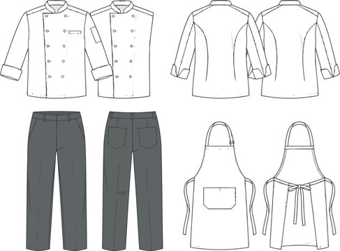 Professional chef uniform technical sketch set including double breasted jacket pants and apron in front and back views for restaurant staff and culinary design