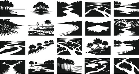 Mangrove river landscape silhouettes on a white background vector illustration collection © Md. Arafat Hossain