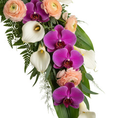 Luxurious floral arrangement of purple orchids, ivory calla lilies, and peach ranunculus with lush foliage against a plain white background, romantic elegance © Mara