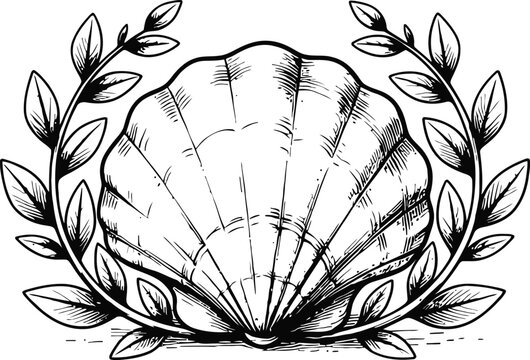 seashell illustration with laurel wreath hand drawn vintage shell and leaves design in black and white