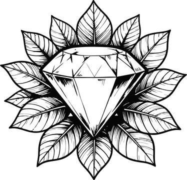 Diamond gem with decorative leaves black and white vintage botanical illustration luxury, nature, elegance concept