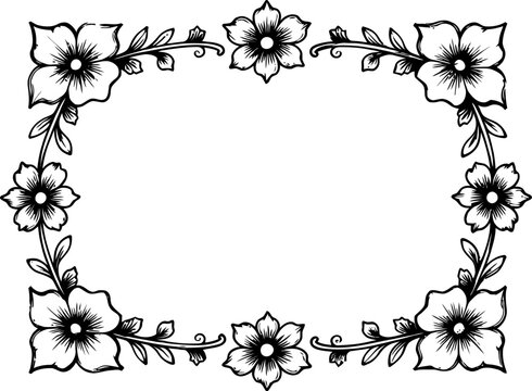 Elegant floral frame with blooming flowers and swirling vine border for decorative design