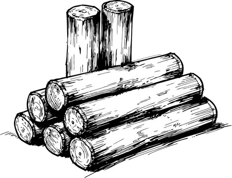 Stack of wooden logs arranged in a pile, detailed black and white sketch illustration