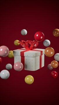 Festive gift box with floating spheres on red background. 3d rendering