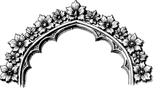 Vintage decorative floral arch frame with intricate detailed flowers and ornate curved design