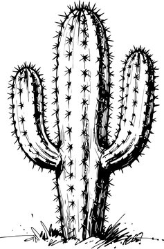 saguaro cactus black and white illustration with sharp spines and desert landscape detail