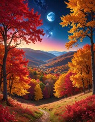 Fototapeta premium Cosmic Autumnal Vista Autumn Forest Landscape With Vibrant Red And Yellow Trees Under Full Moon And Starry Night Sky