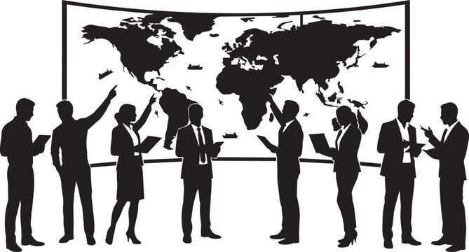 Silhouette of business team analyzing world map during global presentation and meeting. Corporate staff discussing strategy and international plans. Vector illustration.
