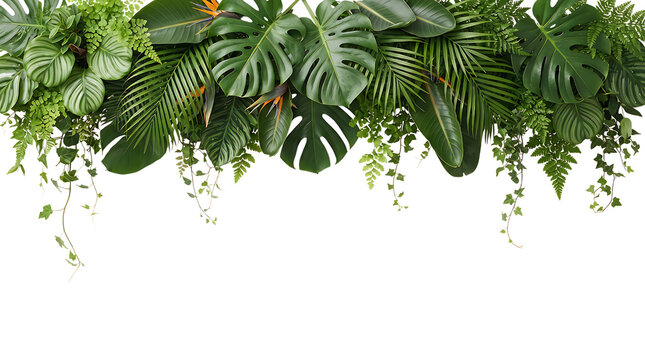 Lush green tropical leaves hanging down from a wild jungle vine border for natural decoration and garden plant foliage background with vibrant monstera and fern leaves in a dense forest design