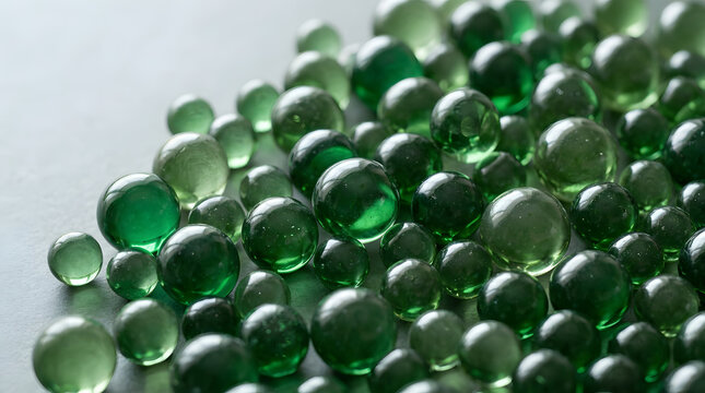 Green glass spheres on a dark surface. Abstract background of translucent emerald beads.