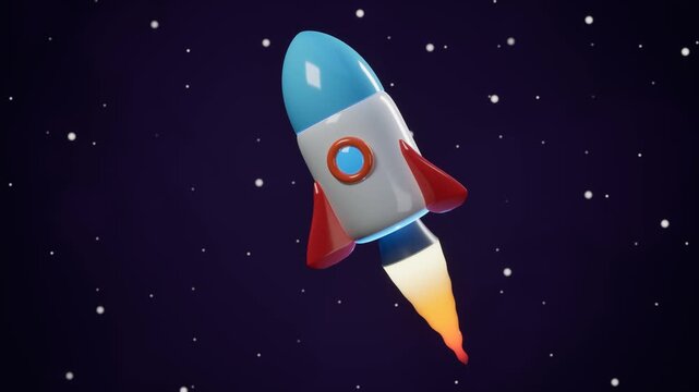 Colorful cartoon rocket ship in dark starry space. 3d rendering