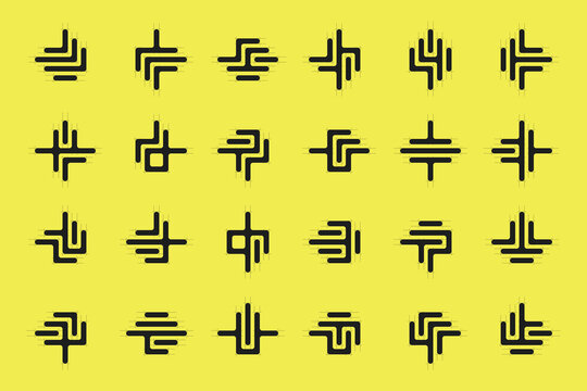 Black Abstract Line Icon Set Yellow Background Symbol Collection