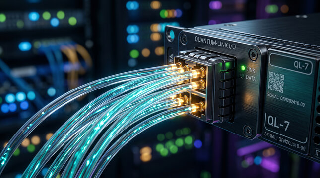Close-up of glowing fiber optic cables connected to QuantumLink QL-7 server module in data center symbolizing high-speed internet cloud computing and digital technology    generative ai
