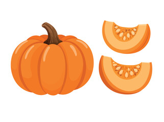 Obraz premium Simple flat vector illustration of whole pumpkin with sliced pieces showing seeds. Fresh autumn harvest vegetable isolated on white background for design.