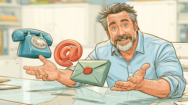 Man smiles, hands open, showing old phone, email symbol, and envelope