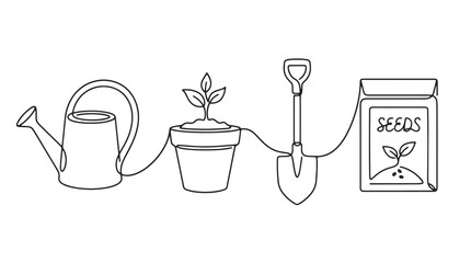 Continuous line drawing of gardening tools, minimalist garden icons with watering can and plant pot, shovel and seed packet vector illustration © Muhammad