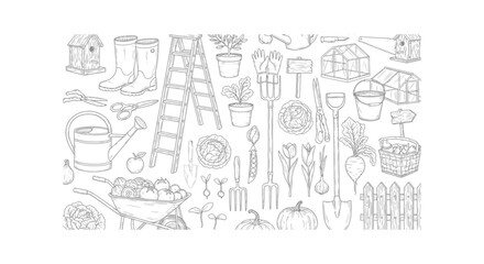 Obraz premium Flat line icons set of gardening and home tools