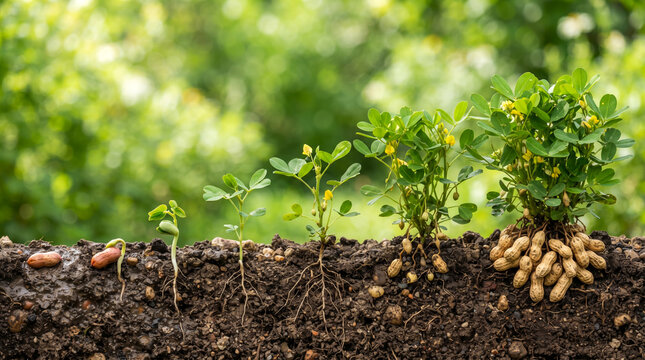 peanut plant growth stage, growing process, timeline from seed to big mature plant, growing life cycle in soil of farm, blurred bokeh green field background