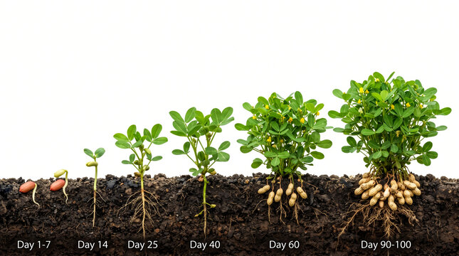 peanut plant growth stage, growing process, timeline from seed to big mature plant, growing life cycle in soil of farm, white background, copy space