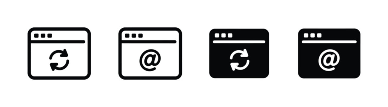 Browser update icons with website window, refresh arrow, reload button, and webpage synchronization symbol variations in outline, flat, and colored vector styles for dashboards, web applications, brow