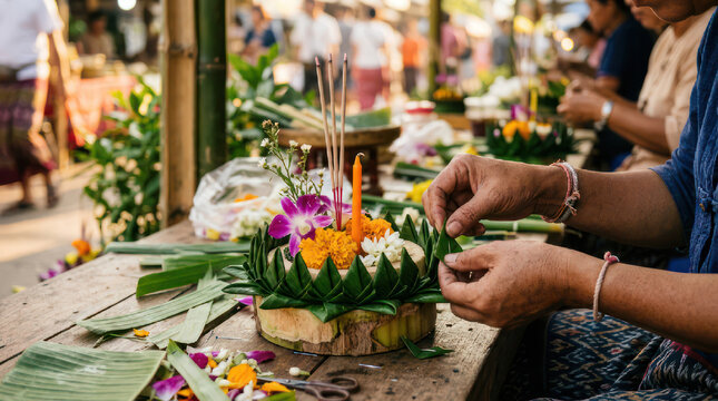 Hands crafting traditional krathong for Loy Krathong festival celebration.