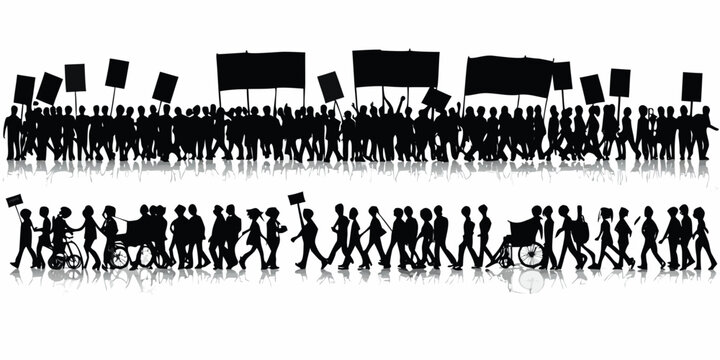 Protest March Silhouette Vector Illustration With Reflections On A White Background