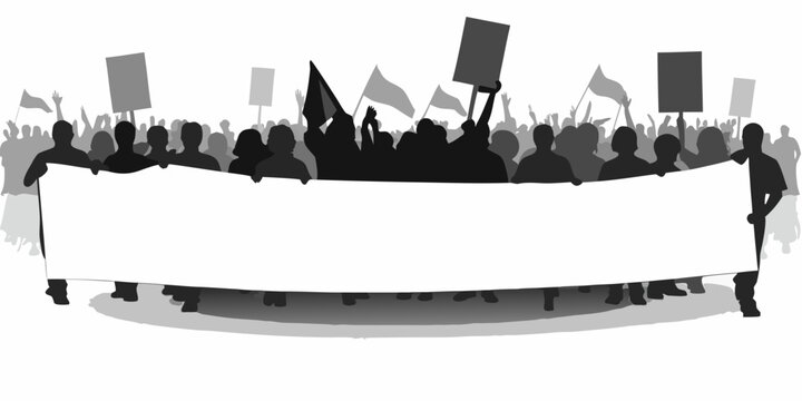 Protest banner with silhouetted crowd illustration grayscale and white background