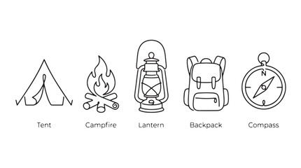 Minimalist camping line icons set, 5 outdoor adventure vector elements, black and white tent campfire lantern backpack and compass collection © Muhammad
