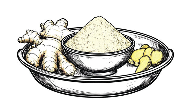 Close-up of fresh ginger root in a bowl, rendered in a bold woodcut illustration style with dramatic black ink lines and golden-yellow tones.