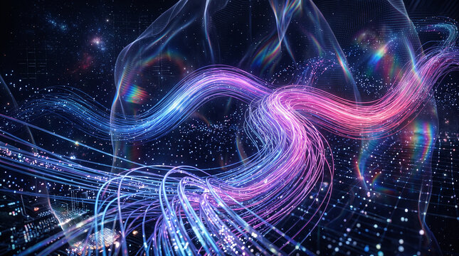 Abstract digital artwork with flowing pink and blue light strands over dark background symbolizing data transmission connectivity and futuristic technology energy    generative ai