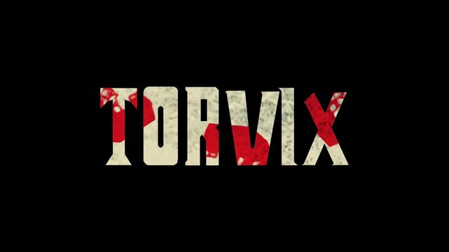 Stylized Grunge Text Logo Animation With Animated Red Blood Splatters and Drips Revealing Behind Textured Capital Letters on Dark Background