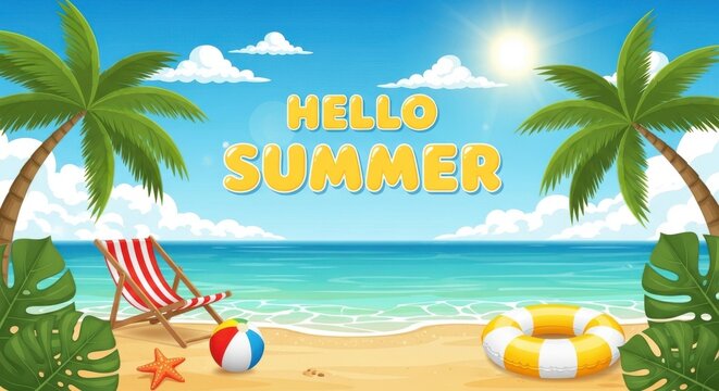 Hello summer beach landscape with palm trees, deck chair, and ocean view