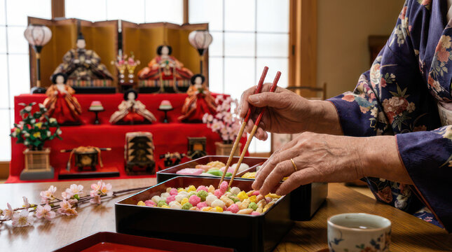 Japanese Hina Matsuri dolls and sweets display.