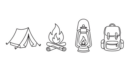Minimalist camping line icons set, outdoor adventure equipment vector, black and white tent campfire lantern and backpack illustrations © Muhammad