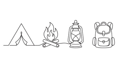 Minimalist camping line art icons, continuous line drawing of tent campfire lantern and backpack, outdoor adventure travel vector set © Muhammad