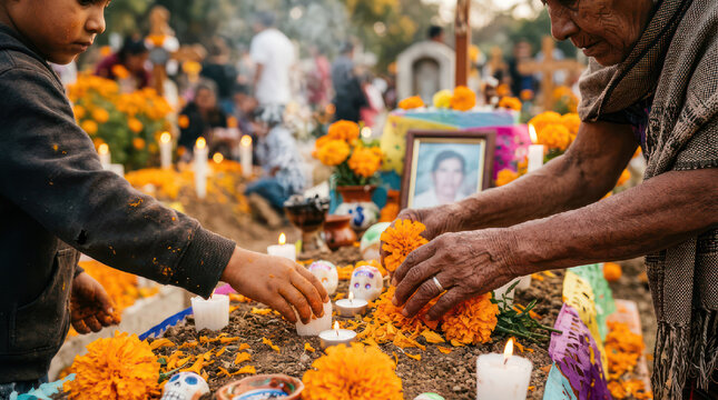 People honoring loved ones at a Day of the Dead altar.