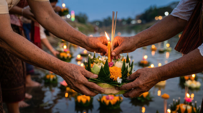 People lighting candles on krathongs floating on water during festival celebration.