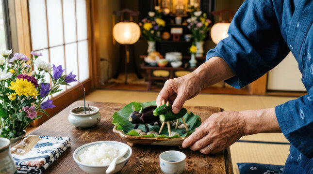 Person arranging food offerings at a Japanese Buddhist altar.