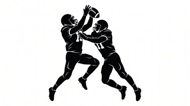 Black Silhouette of Two American Football Players in Mid-Air Catch