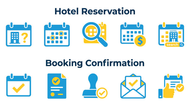 Professional vector illustration set displaying various hotel reservation and booking confirmation icons in vibrant blue and yellow colors for modern travel and hospitality digital interface design