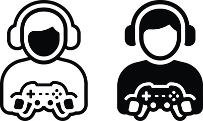 Gamer icons with headset and game controller in solid and outline controller headphones videogame technology joystick © NXTall