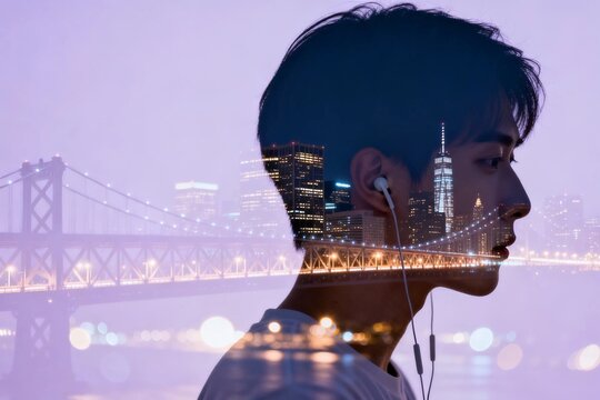 Profile of Young Man with City Night Double Exposure