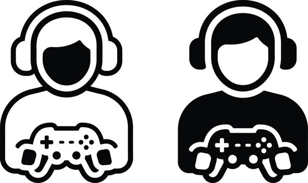 Gamer icons with headset and game controller in solid and outline controller headphones videogame technology joystick
