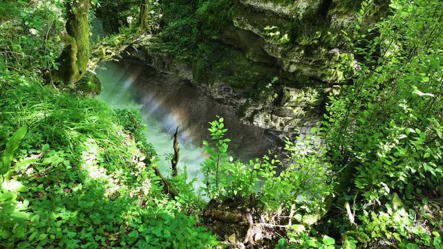 Rainbow mist over Martvili canyon river water, flowing emerald stream in lush Georgian forest landscape