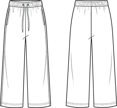 MobileTechnical CAD Fashion Flat Sketch Vector Illustration of Women Wide Leg Sweatpants with Drawstring Waist