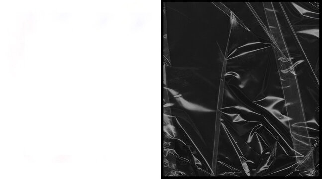 Crumpled plastic wrap texture on black background, wrinkled transparent cellophane overlay, distorted cling film surface for graphic design mockups