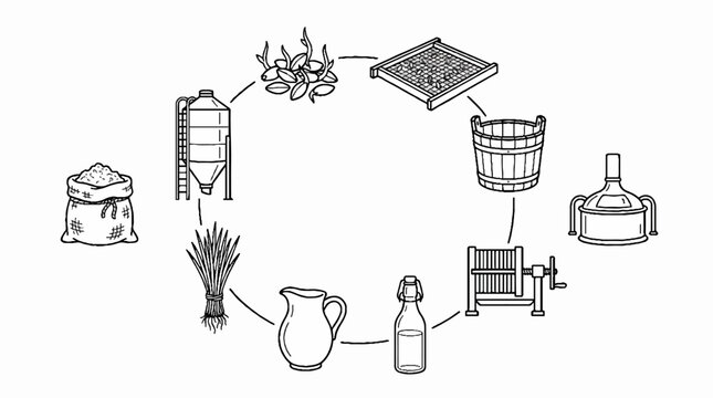 Hand drawn illustration of the beer brewing process cycle.