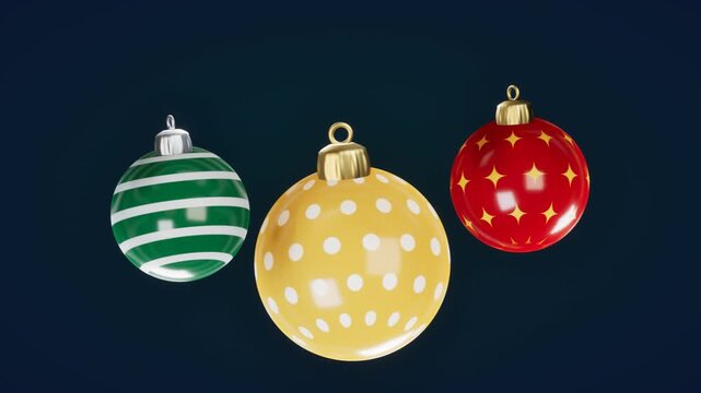 Ornaments with stripes, stars, and dots against dark background. 3d rendering