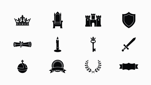 Black with minimalist collection nine black white icons representing regal historical motifs bold silhouettes sharp contrast displays clean minimalist