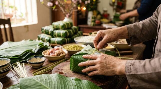 Person making traditional Vietnamese food wrapped in leaves.